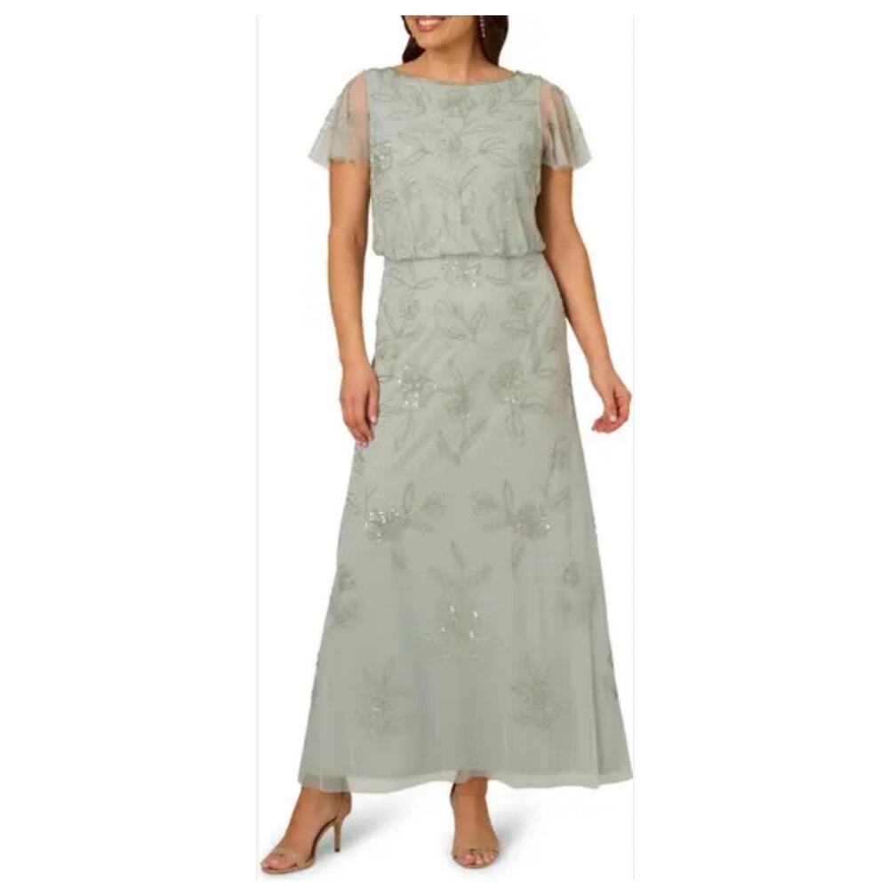 NWT‎ Adrianna Papell Aqua Dust Short Sleeve Blouson Beaded Mixi Gown Women's 0